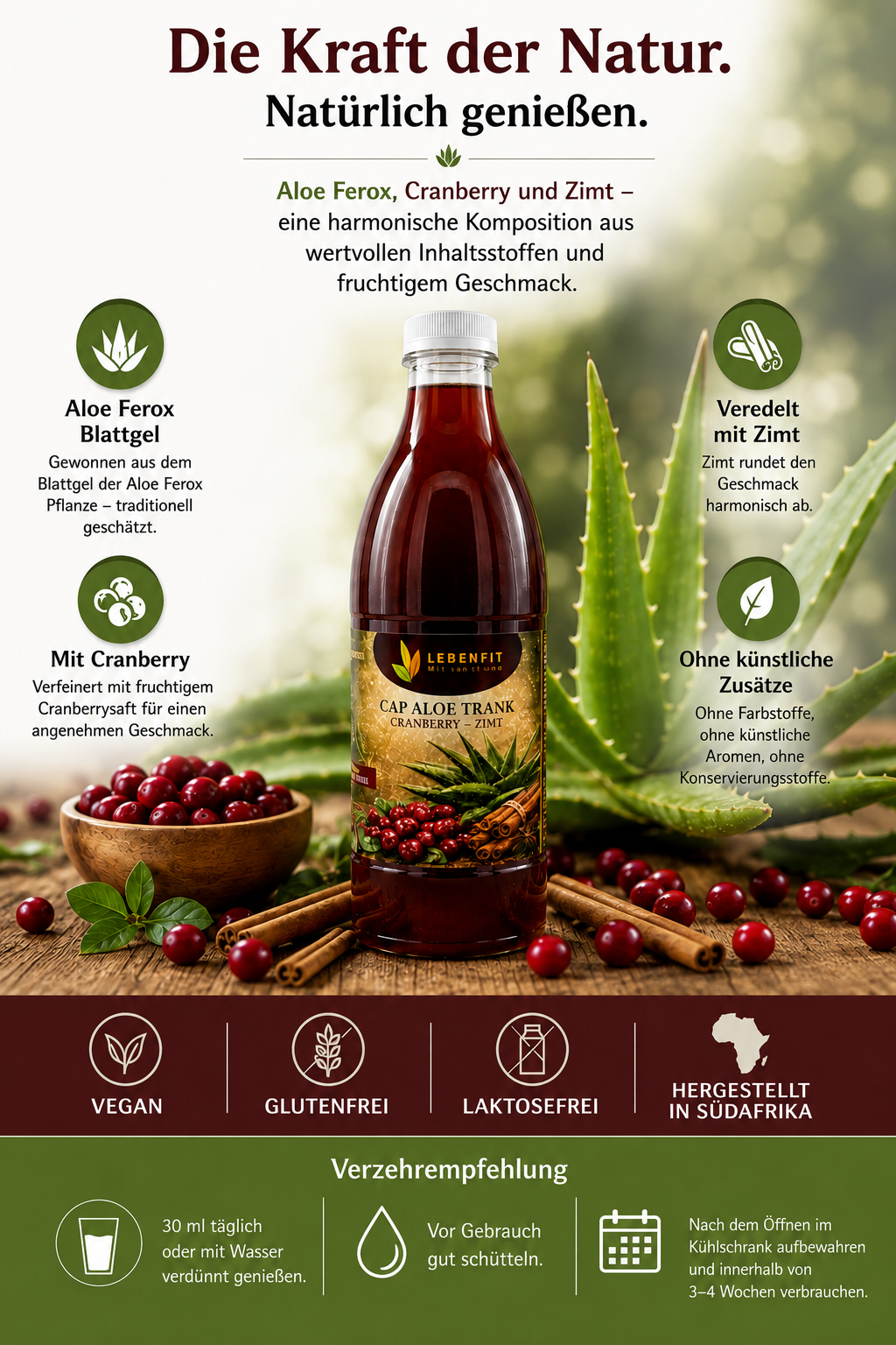 Kap Aloe Trank CRANBERRY & Zimt 1 Liter